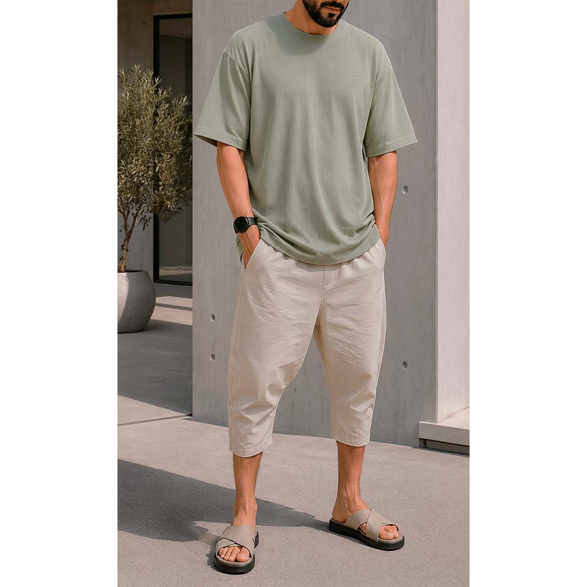 Pantacourt coton stretch beige - Marque Qaba'il