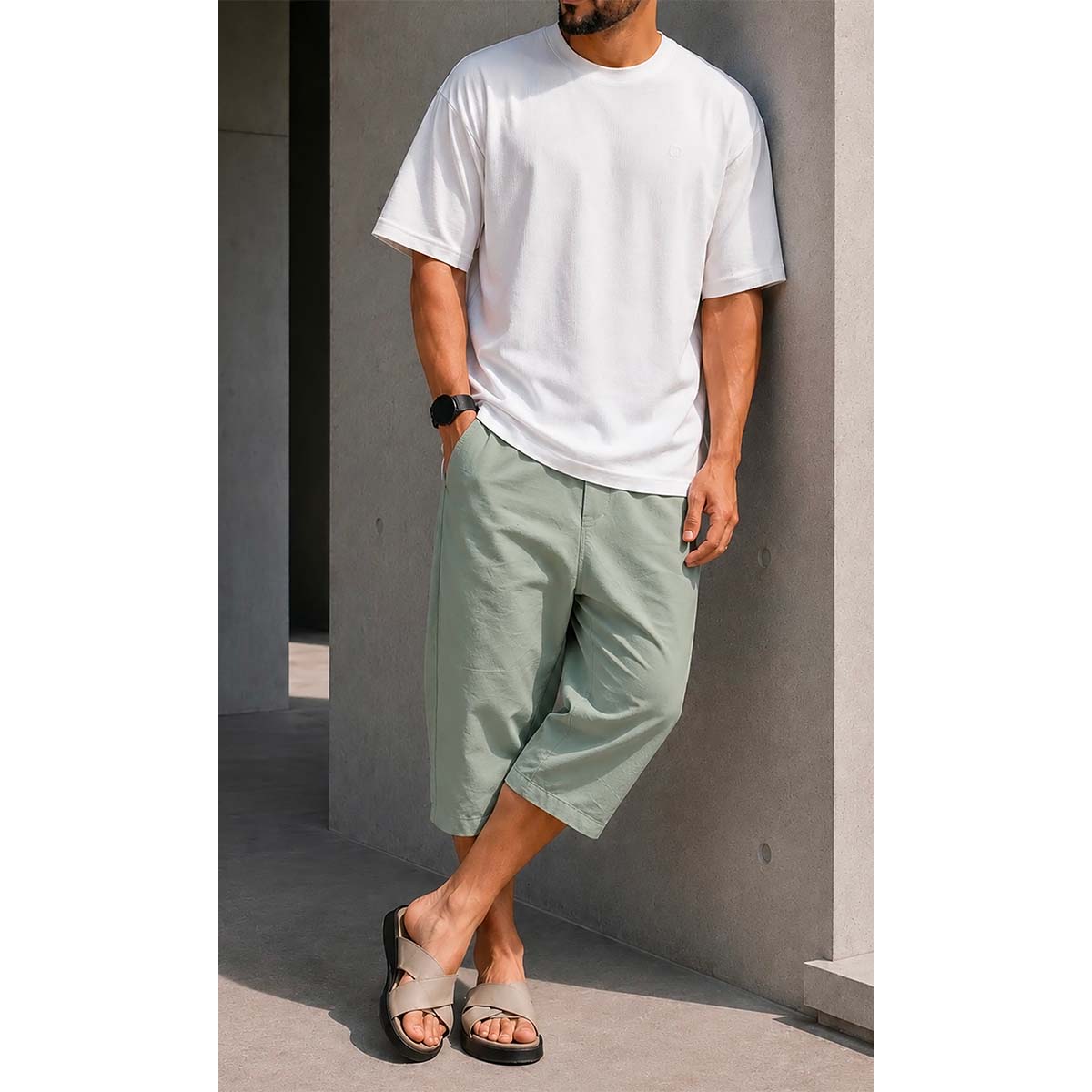 Pantacourt coton stretch kaki - Marque Qaba'il