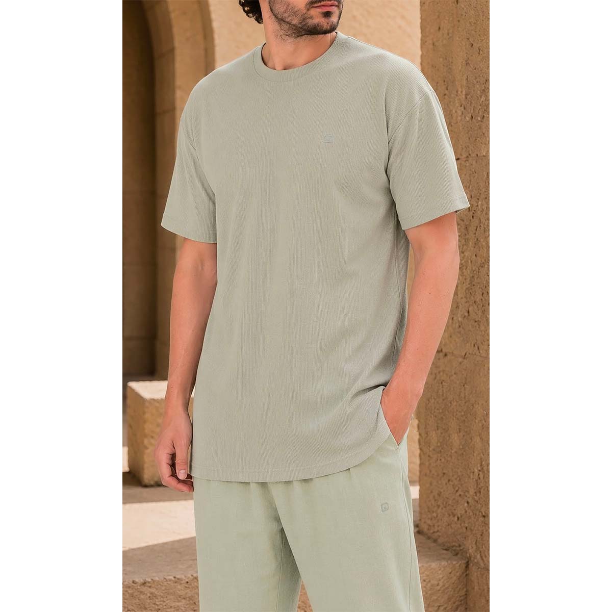T-shirt oversize waffle en jersey vert sauge - Marque Qaba'il